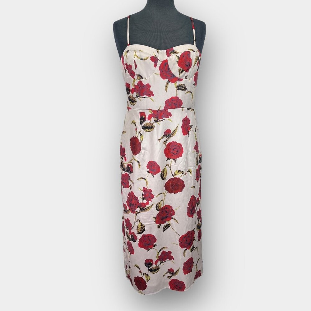 Retro Stage M Fitted Strappy Ivory Red‎ Rose Floral Sweetheart Wiggle Midi Dress